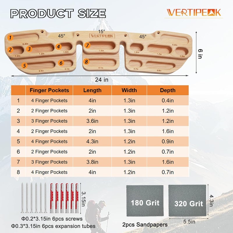 VERTIPEAK Store Wooden Climbing Hangboard with 2 Angle Slopes (15° & 45°) & 5 Depths Pockets, Rock Climbing Board for Finger Strength, Hanging Practice, Grip Endurance and Pull-up Training Indoor - Image 2